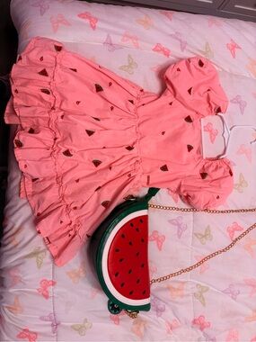 Girls' Pink Watermelon Print Ruffle Dress